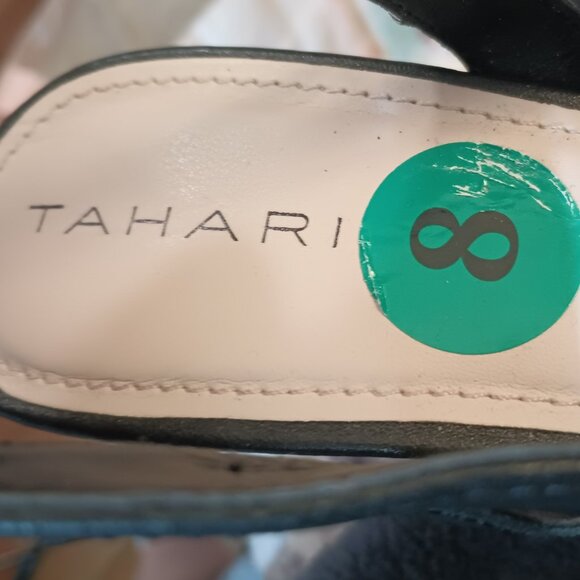 Tahari Gloriann Slingback Heels 8 Black Leather Peep Toe Shoe - Picture 9 of 10